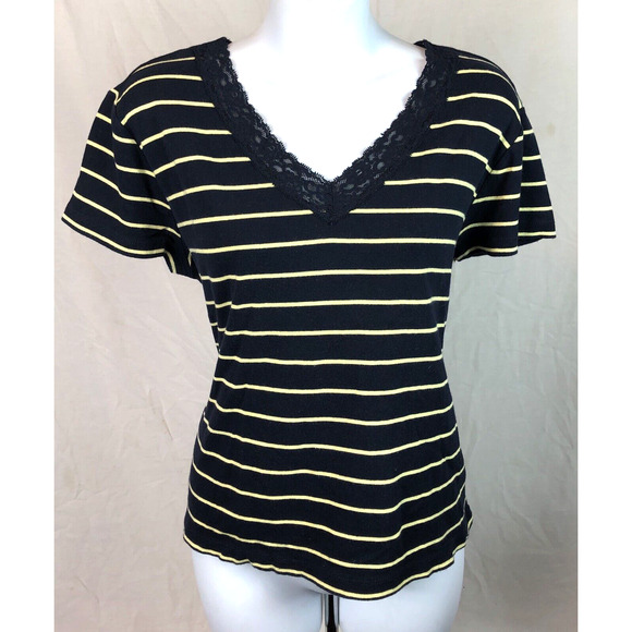 Vintage Ralph Lauren Top XL Blue/yellow Stripe Lace V-neck Tee 90s Y2K preppy - Picture 1 of 5